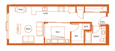 Floor plan for 1 bed, 1 bath, 631 sqft
